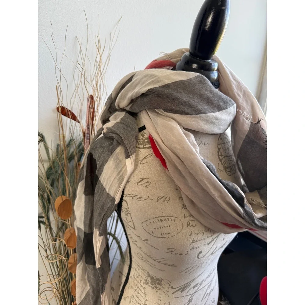Burberry London England Oversized Check Scarf Grey Cream Red Fringe 31in Wide